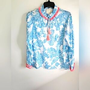 Sail To Sable Blue Aquatic Style Blouse Fring Trim